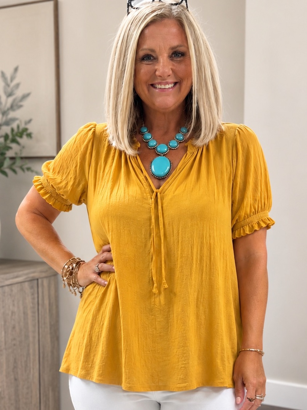 Wonderly Mustard Boho Peasant Blouse Small | Cottagecore Puff Sleeve Top